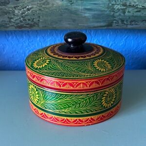 Vintage Sri Lankan Wooden Hand-Painted Box - Green & Red Floral from 1980’s